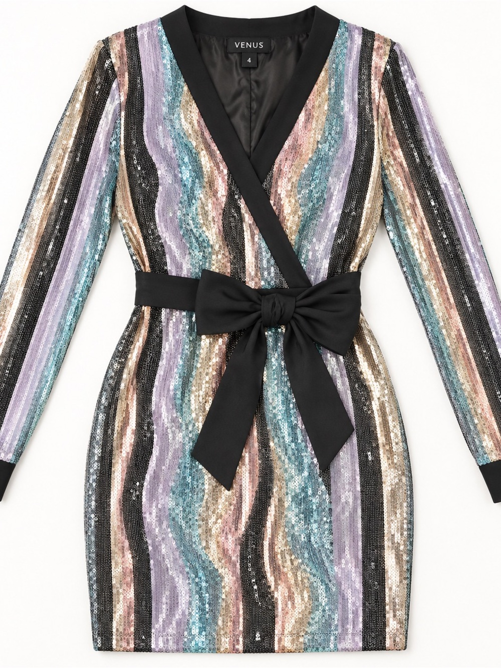 VENUS Multicolor Sequin Wrap Dress with Black Bow